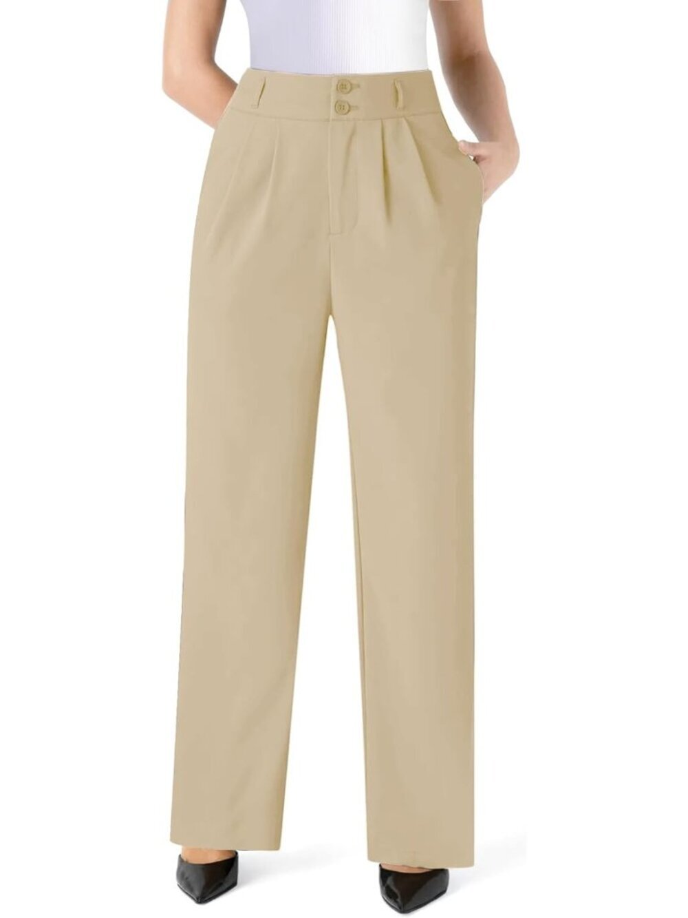 Women's Khaki Wide Straight Leg Casual Slacks Business Button Dress Pants